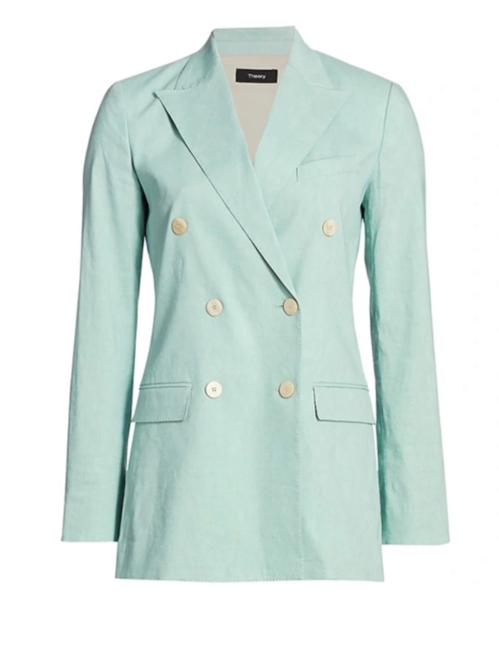 Theory Blazer Size 4 | Seafoam Blue Linen Blend Double‑Breasted Jacket